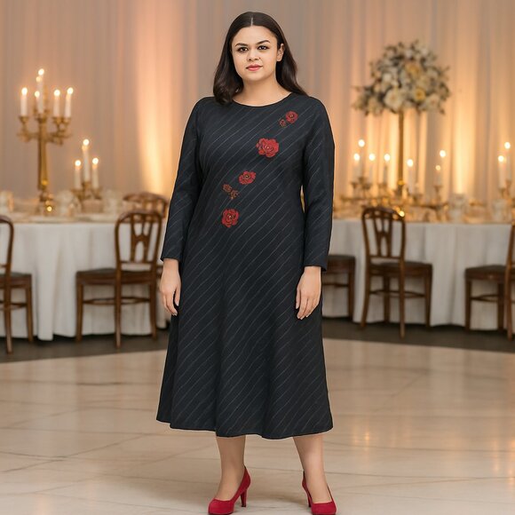 Donna Morgan Dresses & Skirts - Donna Morgan Pinstriped Rose Embroidered Dress Size 10 Scoop Neck